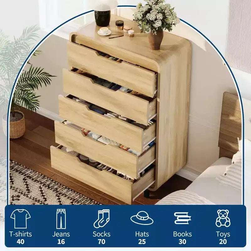 Modern Wood Dresser with Metal Legs: Natural Wood Chest of Drawers featuring Rounded Corners & Anti-Tip Kit for Bedroom Safety.