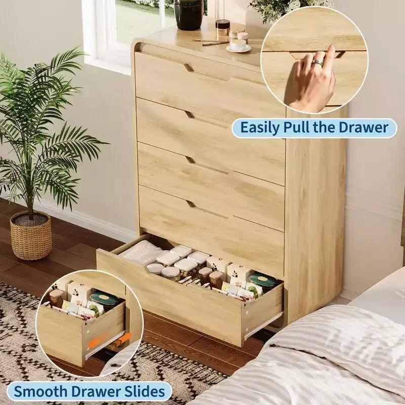 Modern Wood Dresser with Metal Legs: Natural Wood Chest of Drawers featuring Rounded Corners & Anti-Tip Kit for Bedroom Safety.