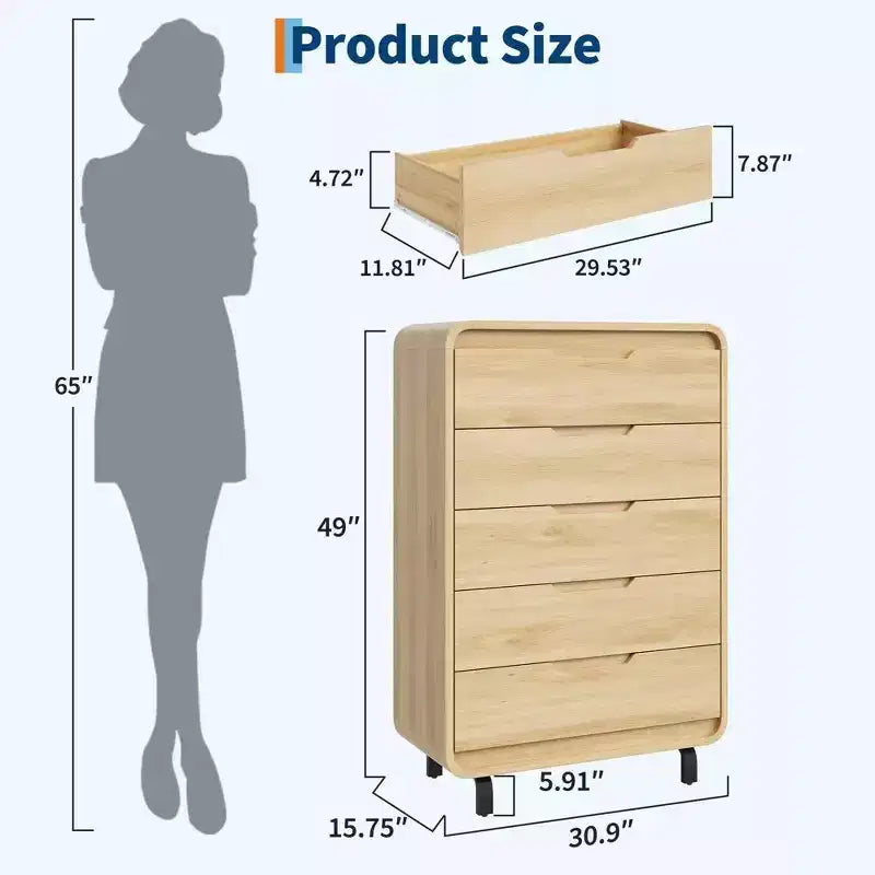 Modern Wood Dresser with Metal Legs: Natural Wood Chest of Drawers featuring Rounded Corners & Anti-Tip Kit for Bedroom Safety.
