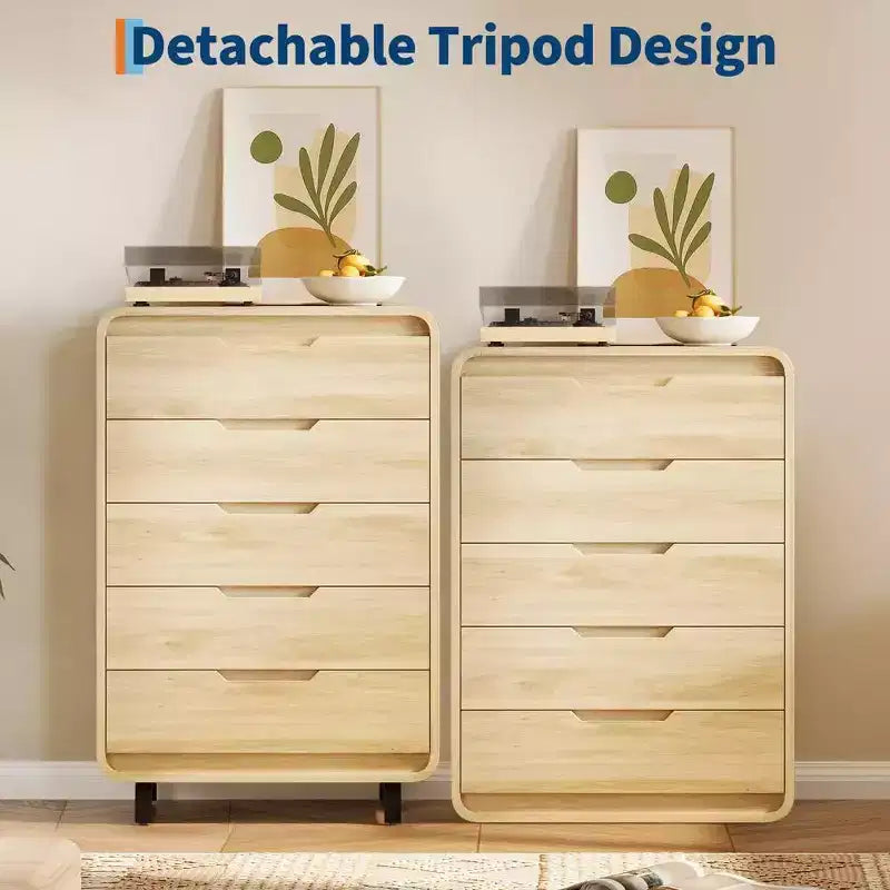 Modern Wood Dresser with Metal Legs: Natural Wood Chest of Drawers featuring Rounded Corners & Anti-Tip Kit for Bedroom Safety.