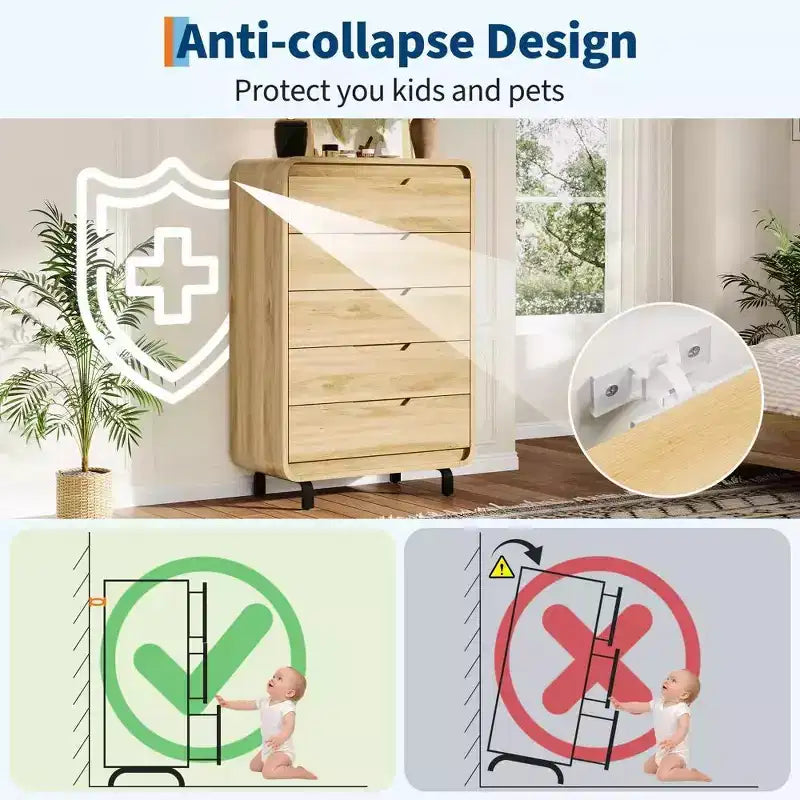 Modern Wood Dresser with Metal Legs: Natural Wood Chest of Drawers featuring Rounded Corners & Anti-Tip Kit for Bedroom Safety.