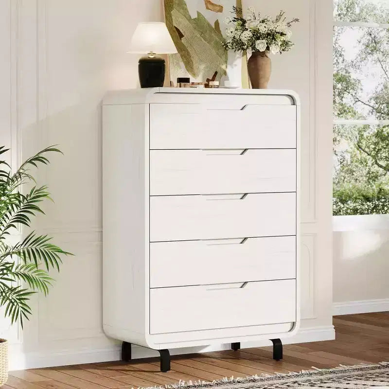 Modern Wood Dresser with Metal Legs: Natural Wood Chest of Drawers featuring Rounded Corners & Anti-Tip Kit for Bedroom Safety.