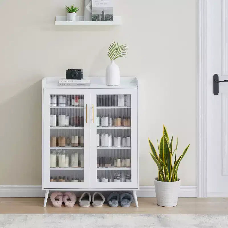 5-Tier Shoe Storage Cabinet with Glass Doors; Adjustable Shelves for Entryway; Hallway & Living Room; White Shoe Organizer with Spacious Storage