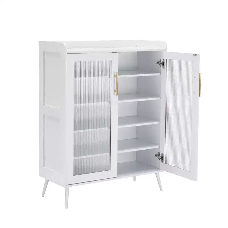 5-Tier Shoe Storage Cabinet with Glass Doors; Adjustable Shelves for Entryway; Hallway & Living Room; White Shoe Organizer with Spacious Storage