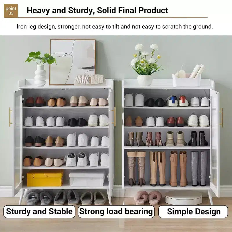 5-Tier Shoe Storage Cabinet with Glass Doors; Adjustable Shelves for Entryway; Hallway & Living Room; White Shoe Organizer with Spacious Storage