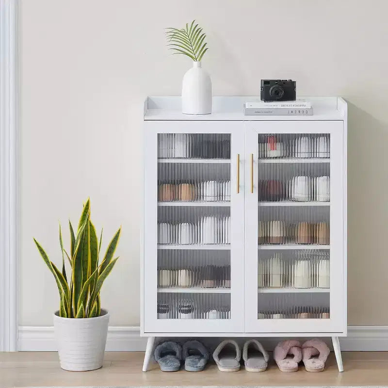 5-Tier Shoe Storage Cabinet with Glass Doors; Adjustable Shelves for Entryway; Hallway & Living Room; White Shoe Organizer with Spacious Storage