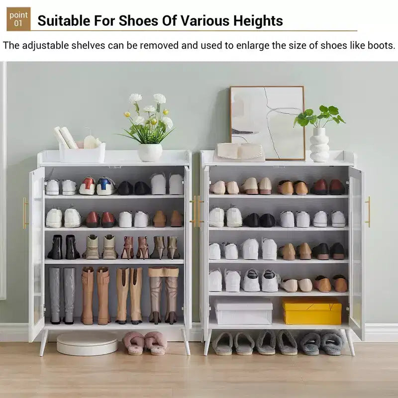 5-Tier Shoe Storage Cabinet with Glass Doors; Adjustable Shelves for Entryway; Hallway & Living Room; White Shoe Organizer with Spacious Storage