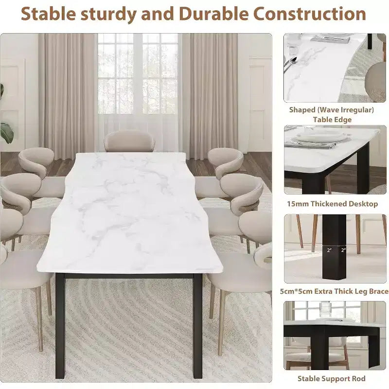 CuisinSmart Dining Table for 6-8; Rectangular Table with Unique Wave Irregular Edge;15MM Thick MDF Top & Metal Frame; for Dining Room
