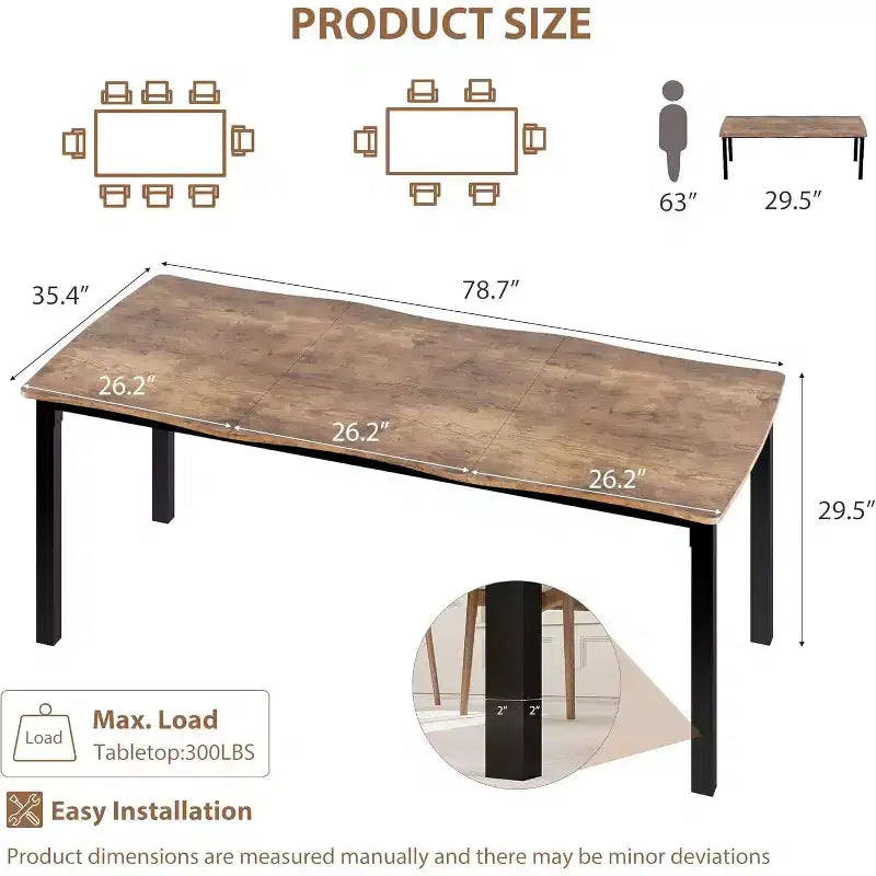 CuisinSmart Dining Table for 6-8; Rectangular Table with Unique Wave Irregular Edge;15MM Thick MDF Top & Metal Frame; for Dining Room