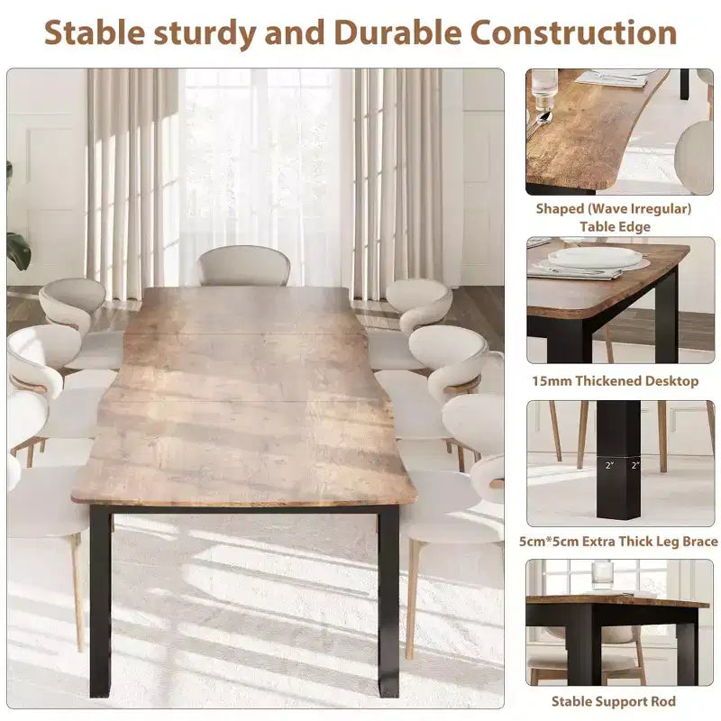 CuisinSmart Dining Table for 6-8; Rectangular Table with Unique Wave Irregular Edge;15MM Thick MDF Top & Metal Frame; for Dining Room
