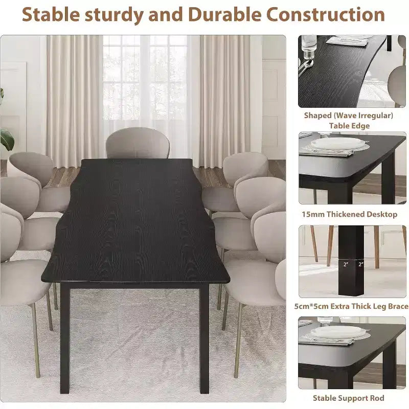 CuisinSmart Dining Table for 6-8; Rectangular Table with Unique Wave Irregular Edge;15MM Thick MDF Top & Metal Frame; for Dining Room