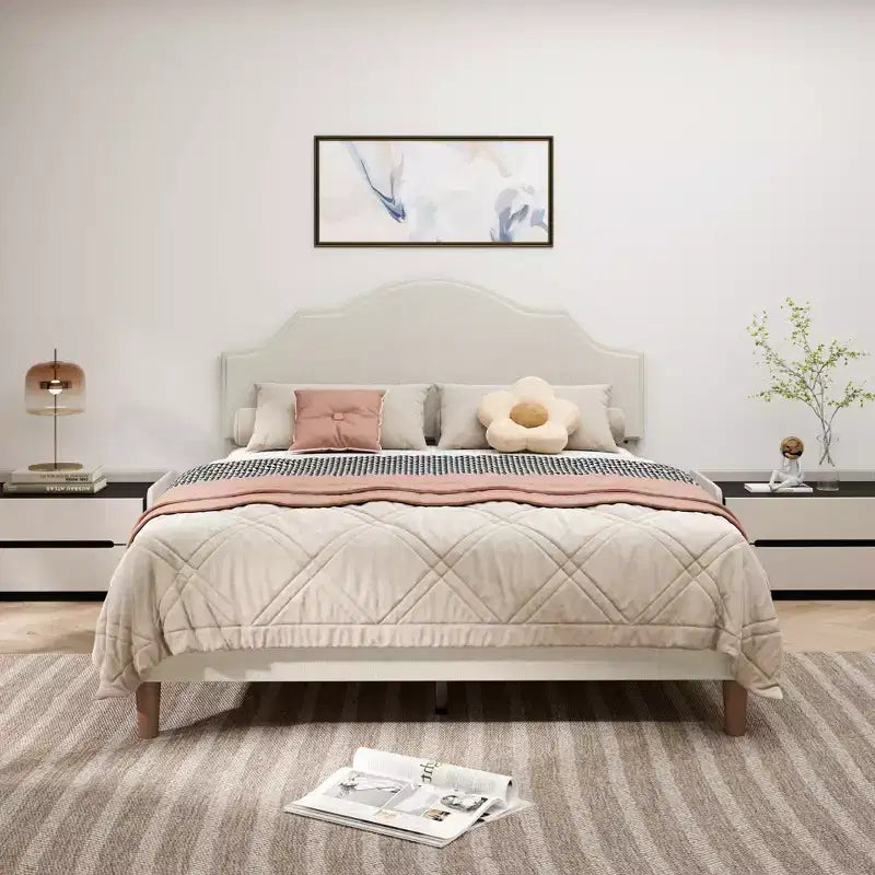 Bellemave Queen Upholstered Platform Bed with Adjustable Headboard and Linen Fabric Padded;Upholstered Platform Bed Frame for Bedroom;Beige