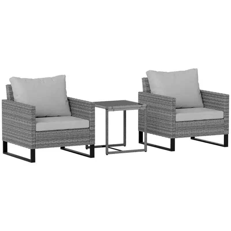 3PCS Patio Set; Wicker Bistro Set with Cushions; Rattan Chairs; Glass Coffee Table for Backyard; Porch; Balcony