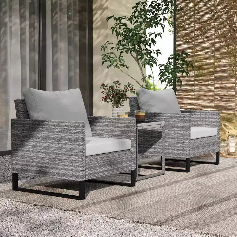 3PCS Patio Set; Wicker Bistro Set with Cushions; Rattan Chairs; Glass Coffee Table for Backyard; Porch; Balcony
