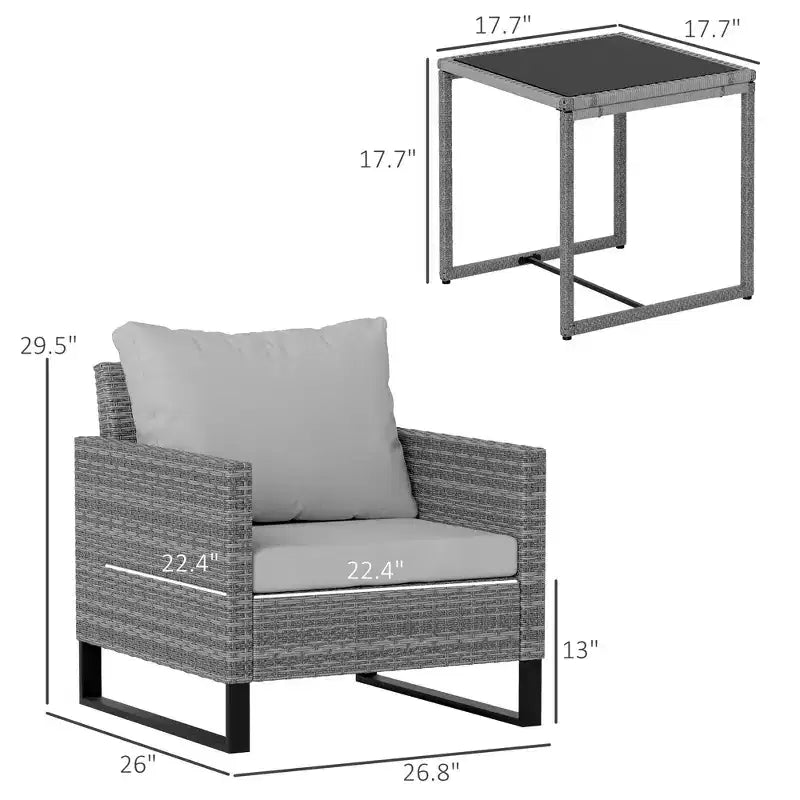3PCS Patio Set; Wicker Bistro Set with Cushions; Rattan Chairs; Glass Coffee Table for Backyard; Porch; Balcony