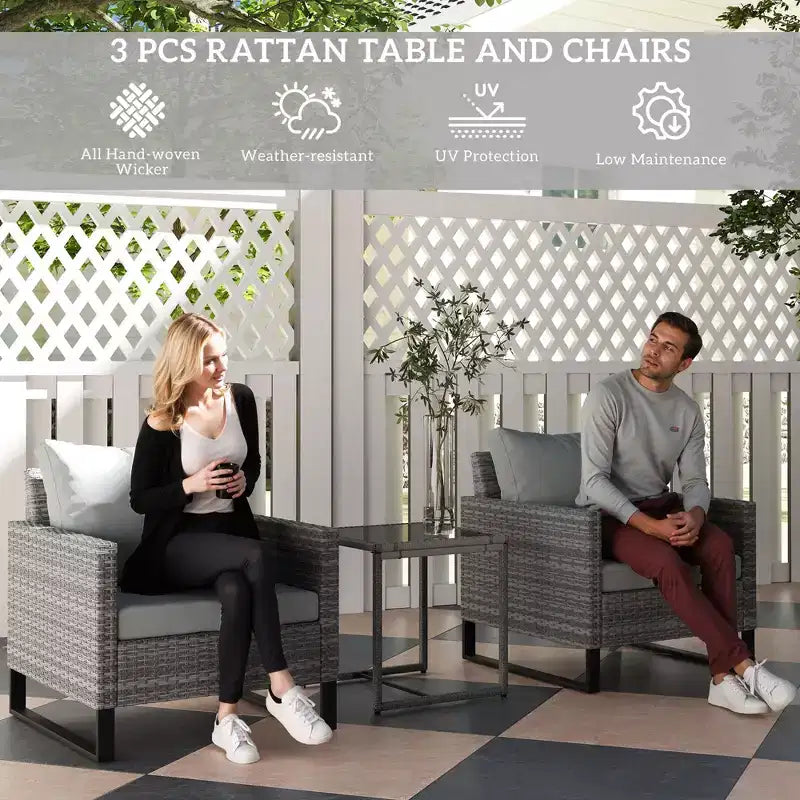 3PCS Patio Set; Wicker Bistro Set with Cushions; Rattan Chairs; Glass Coffee Table for Backyard; Porch; Balcony