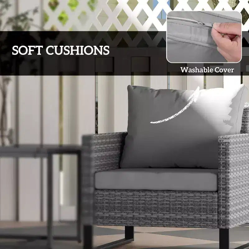 3PCS Patio Set; Wicker Bistro Set with Cushions; Rattan Chairs; Glass Coffee Table for Backyard; Porch; Balcony