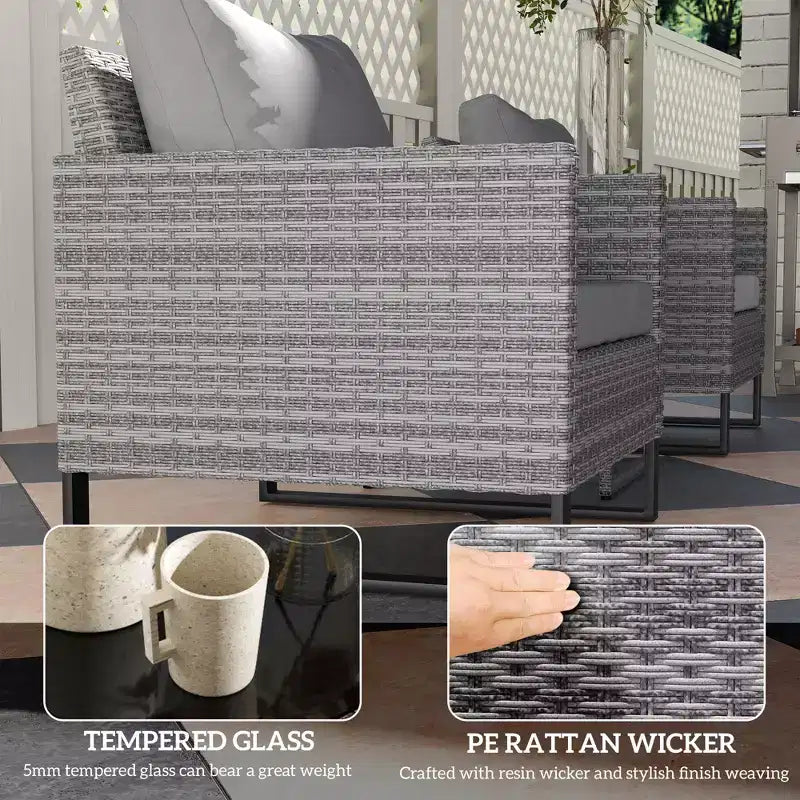 3PCS Patio Set; Wicker Bistro Set with Cushions; Rattan Chairs; Glass Coffee Table for Backyard; Porch; Balcony