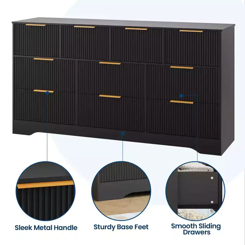 Fluted Dresser for Bedroom with 10 Drawers; 59 Wide Modern Chest of Drawers; Dresser TV Stand Wooden Closet for Living Room; Hallway