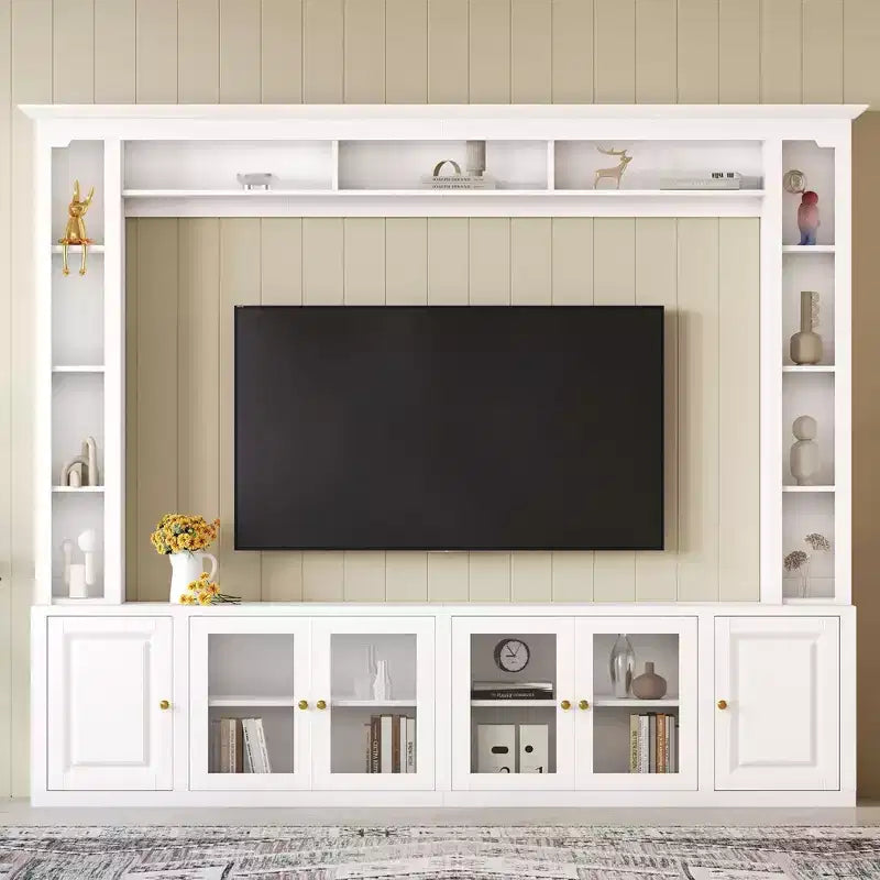 Modern Wall Unit Entertainment Center 4-Piece; Media Console with Bookshelves and Shelves; Large TV Stand with Tempered Glass Door for 80 TV