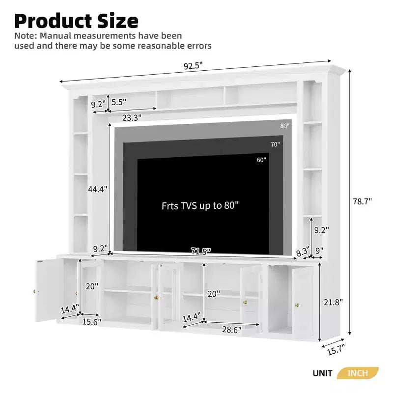 Modern Wall Unit Entertainment Center 4-Piece; Media Console with Bookshelves and Shelves; Large TV Stand with Tempered Glass Door for 80 TV