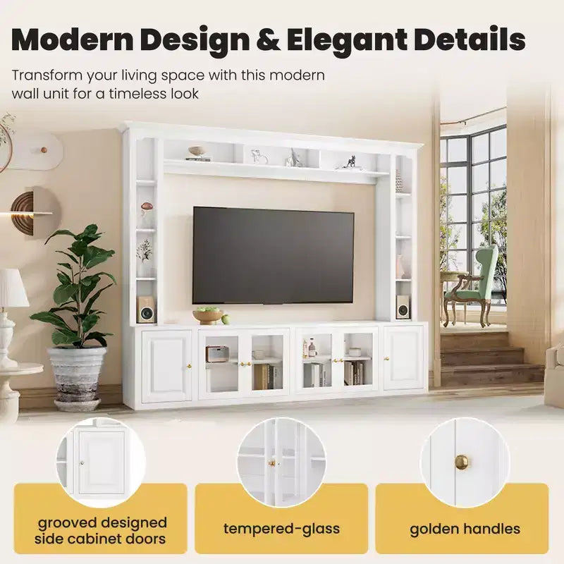Modern Wall Unit Entertainment Center 4-Piece; Media Console with Bookshelves and Shelves; Large TV Stand with Tempered Glass Door for 80 TV