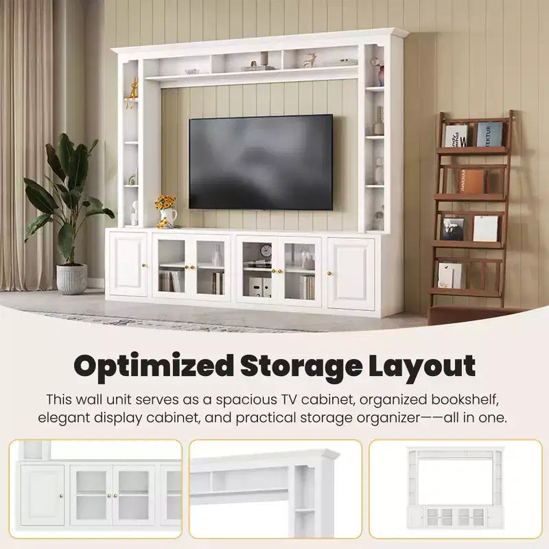 Modern Wall Unit Entertainment Center 4-Piece; Media Console with Bookshelves and Shelves; Large TV Stand with Tempered Glass Door for 80 TV