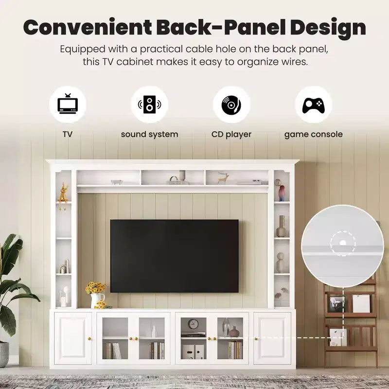 Modern Wall Unit Entertainment Center 4-Piece; Media Console with Bookshelves and Shelves; Large TV Stand with Tempered Glass Door for 80 TV
