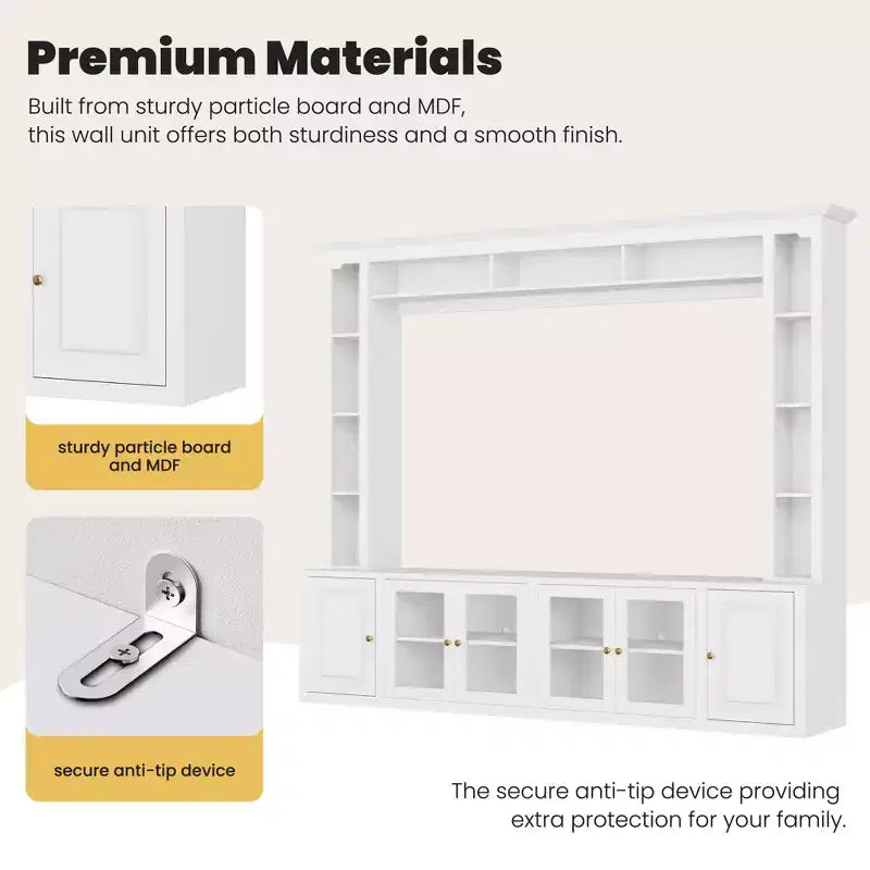 Modern Wall Unit Entertainment Center 4-Piece; Media Console with Bookshelves and Shelves; Large TV Stand with Tempered Glass Door for 80 TV