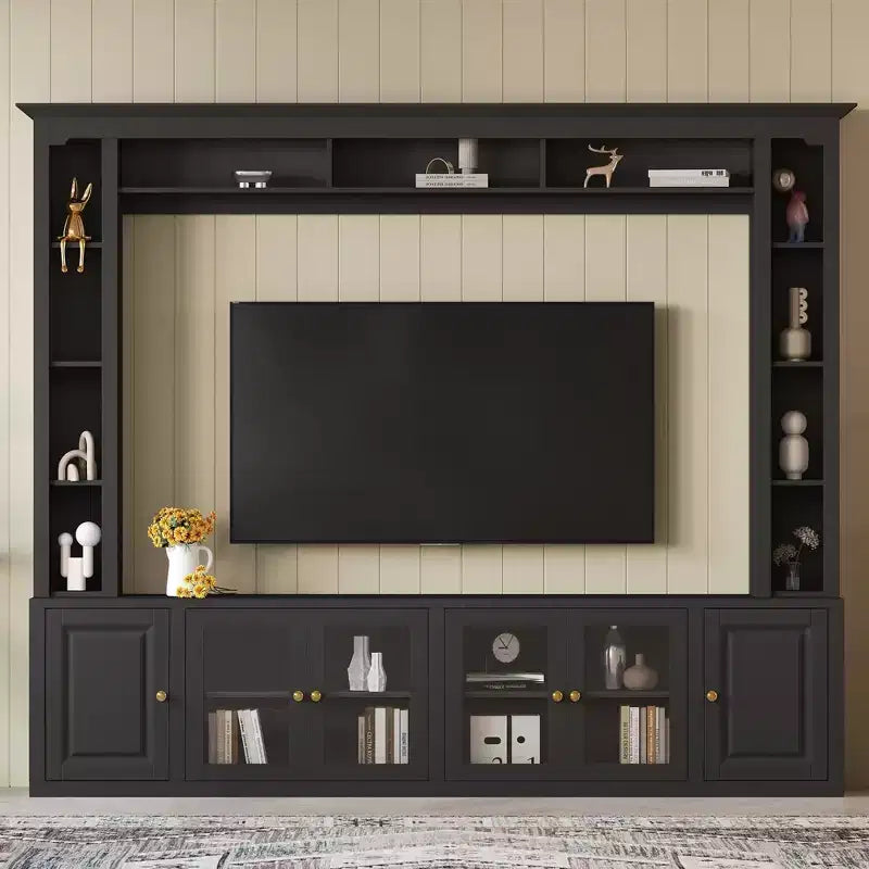 Modern Wall Unit Entertainment Center 4-Piece; Media Console with Bookshelves and Shelves; Large TV Stand with Tempered Glass Door for 80 TV
