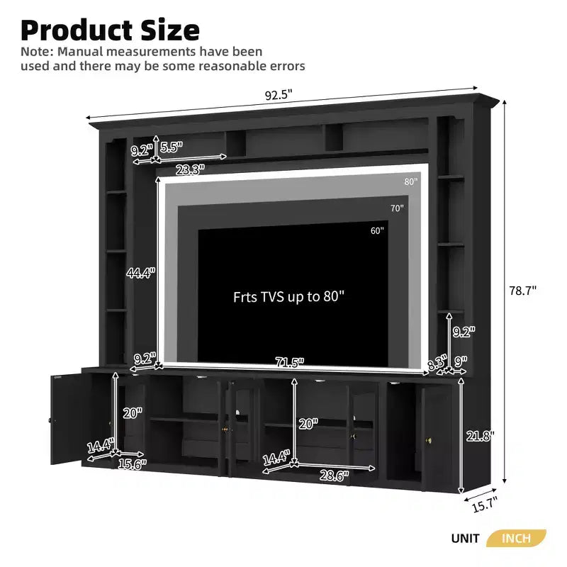 Modern Wall Unit Entertainment Center 4-Piece; Media Console with Bookshelves and Shelves; Large TV Stand with Tempered Glass Door for 80 TV