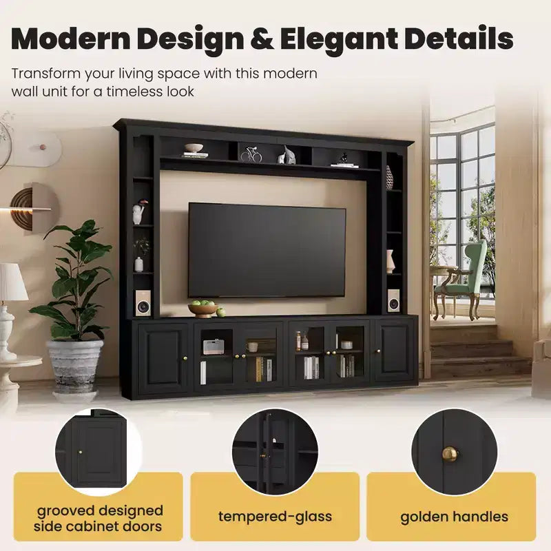 Modern Wall Unit Entertainment Center 4-Piece; Media Console with Bookshelves and Shelves; Large TV Stand with Tempered Glass Door for 80 TV