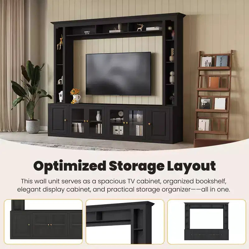 Modern Wall Unit Entertainment Center 4-Piece; Media Console with Bookshelves and Shelves; Large TV Stand with Tempered Glass Door for 80 TV