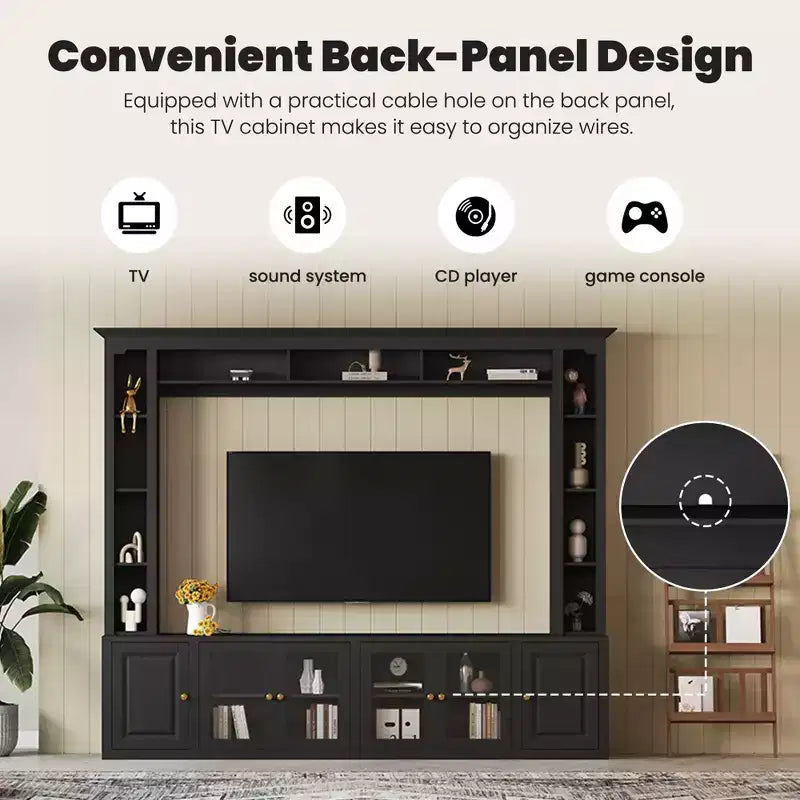 Modern Wall Unit Entertainment Center 4-Piece; Media Console with Bookshelves and Shelves; Large TV Stand with Tempered Glass Door for 80 TV