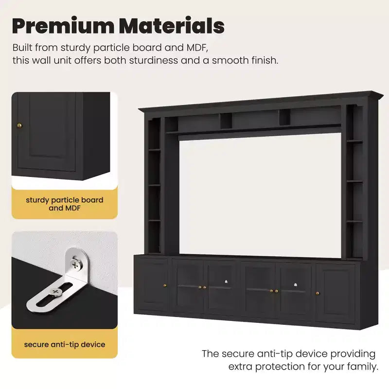 Modern Wall Unit Entertainment Center 4-Piece; Media Console with Bookshelves and Shelves; Large TV Stand with Tempered Glass Door for 80 TV