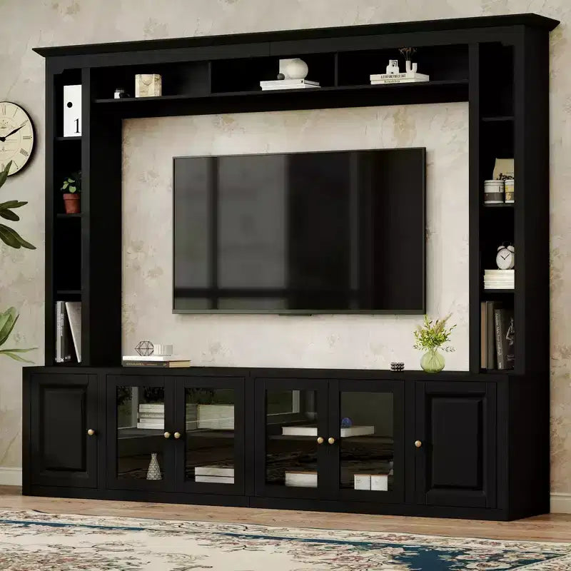 Modern Wall Unit Entertainment Center 4-Piece; Media Console with Bookshelves and Shelves; Large TV Stand with Tempered Glass Door for 80 TV