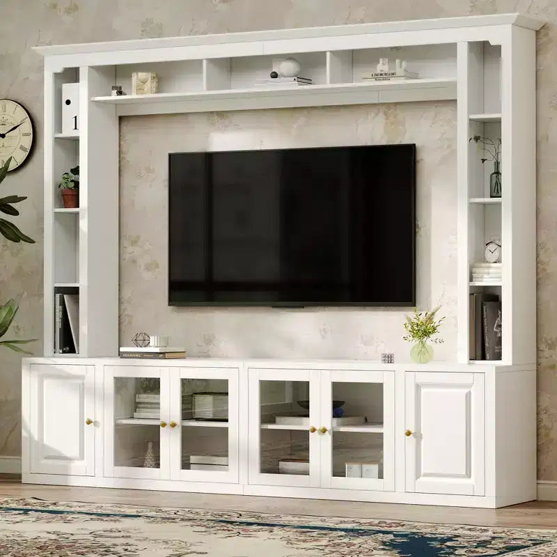 Modern Wall Unit Entertainment Center 4-Piece; Media Console with Bookshelves and Shelves; Large TV Stand with Tempered Glass Door for 80 TV