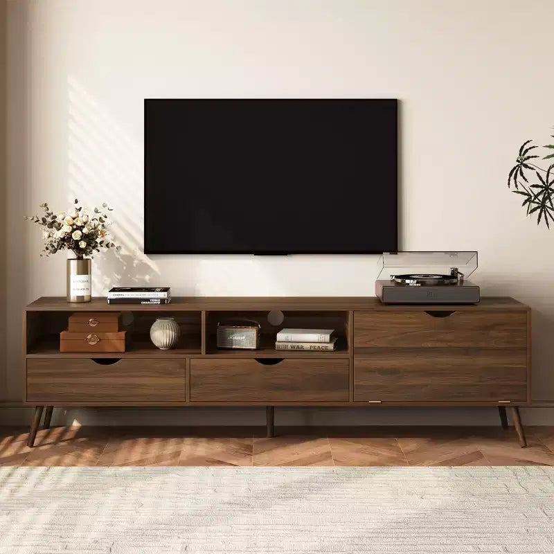 Vintage TV Stand with Drawers for 80 TV; Media Console Table with Storage; TV Storage Cabinet with Drop-down Door; Natural
