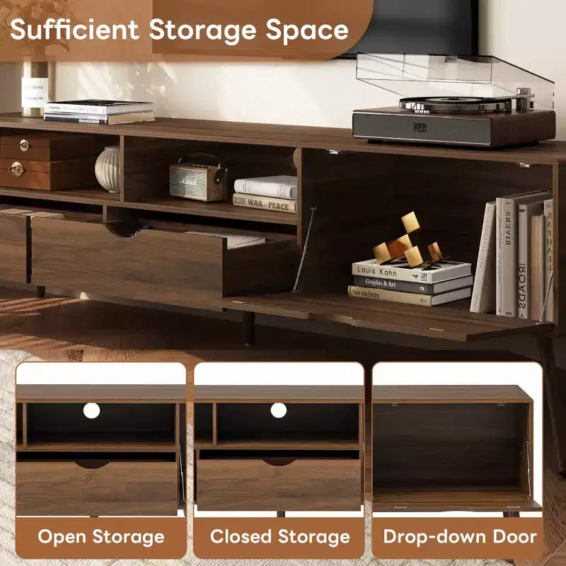 Vintage TV Stand with Drawers for 80 TV; Media Console Table with Storage; TV Storage Cabinet with Drop-down Door; Natural