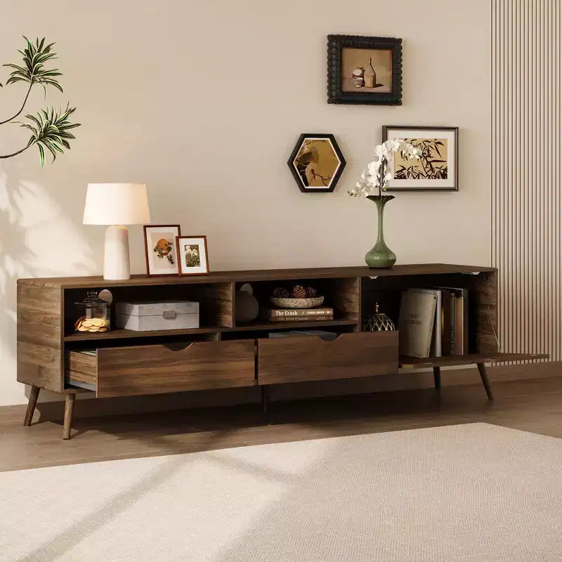 Vintage TV Stand with Drawers for 80 TV; Media Console Table with Storage; TV Storage Cabinet with Drop-down Door; Natural