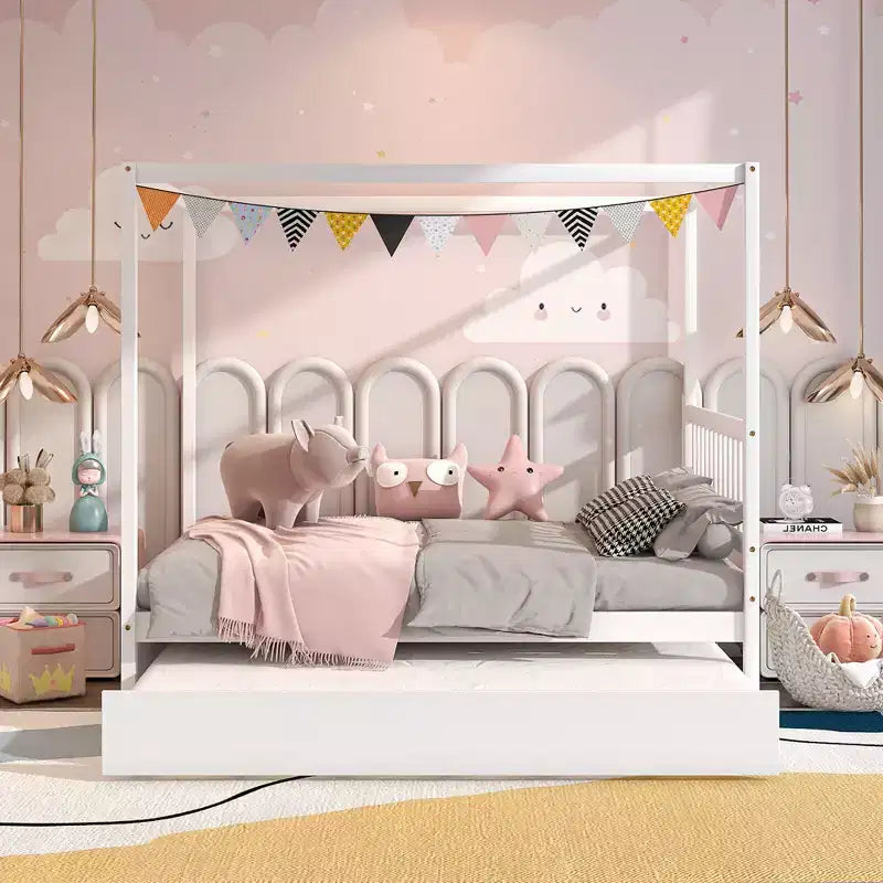 Costway Full Size Canopy Bed with Trundle Wooden Platform Bed Frame Headboard