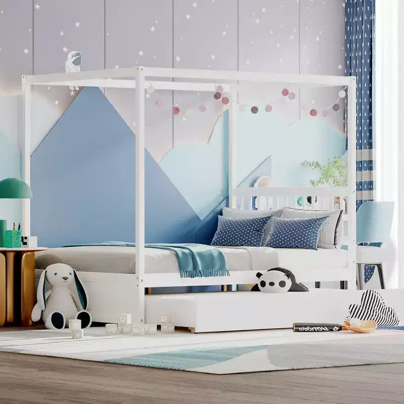 Costway Full Size Canopy Bed with Trundle Wooden Platform Bed Frame Headboard