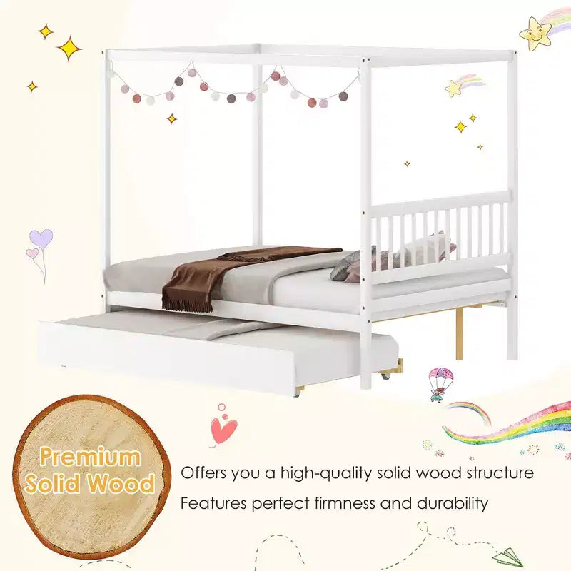Costway Full Size Canopy Bed with Trundle Wooden Platform Bed Frame Headboard
