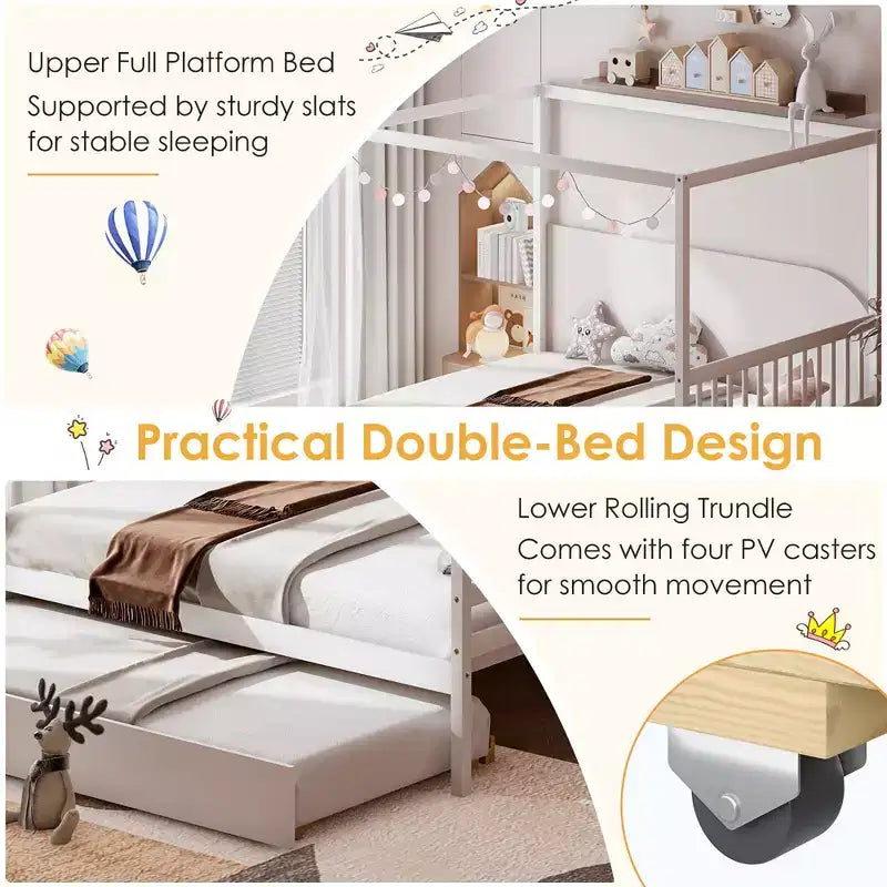 Costway Full Size Canopy Bed with Trundle Wooden Platform Bed Frame Headboard