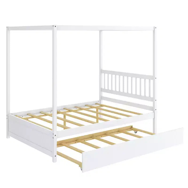 Costway Full Size Canopy Bed with Trundle Wooden Platform Bed Frame Headboard