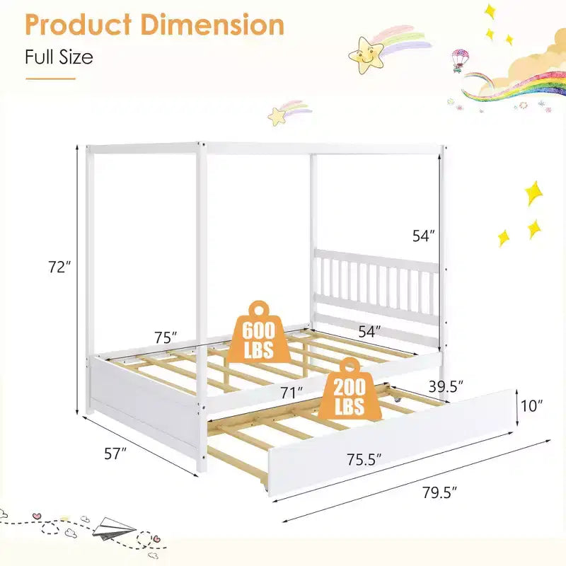 Costway Full Size Canopy Bed with Trundle Wooden Platform Bed Frame Headboard