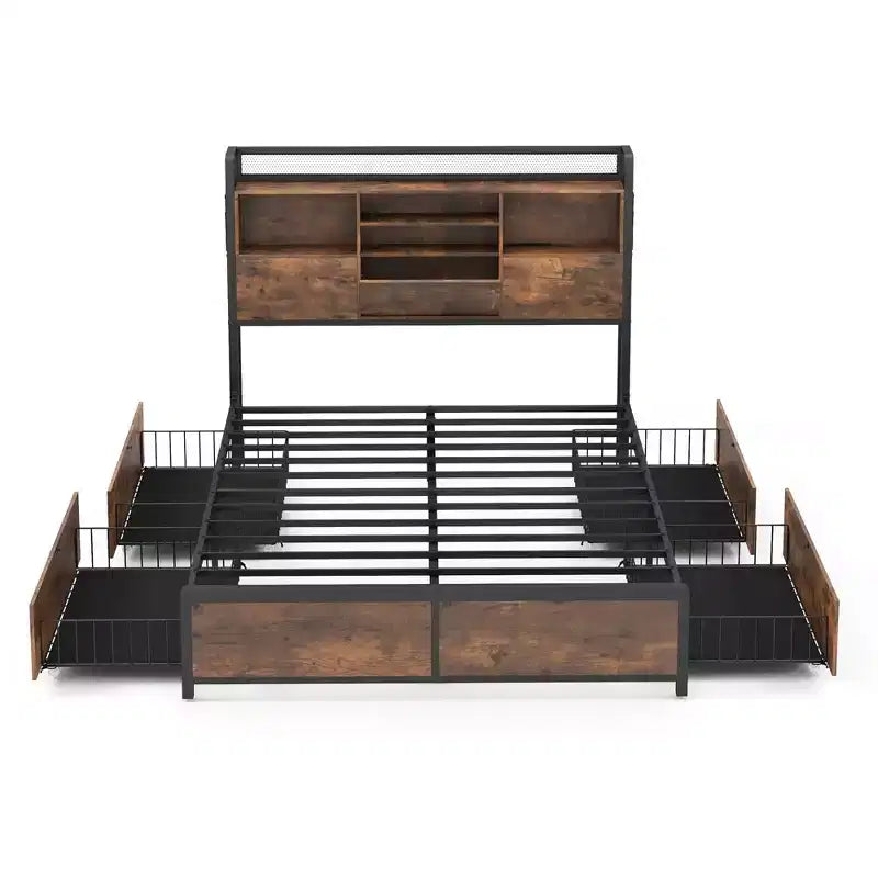 Costway Full Size Bed Frame w/ Bookcase Headboard & 4 Storage Drawers Vintage Brown