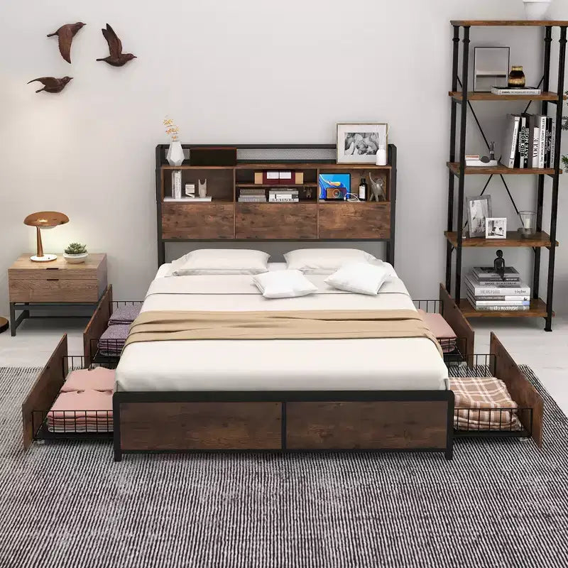 Costway Full Size Bed Frame w/ Bookcase Headboard & 4 Storage Drawers Vintage Brown