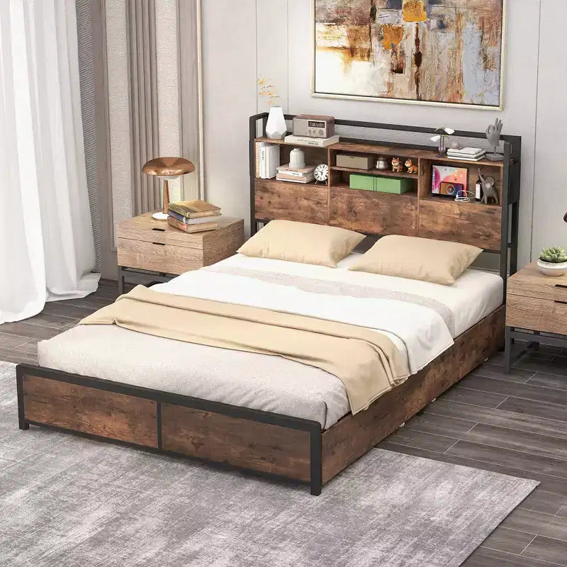 Costway Full Size Bed Frame w/ Bookcase Headboard & 4 Storage Drawers Vintage Brown