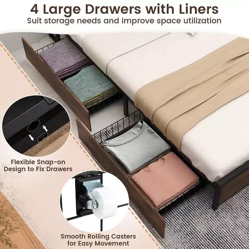 Costway Full Size Bed Frame w/ Bookcase Headboard & 4 Storage Drawers Vintage Brown